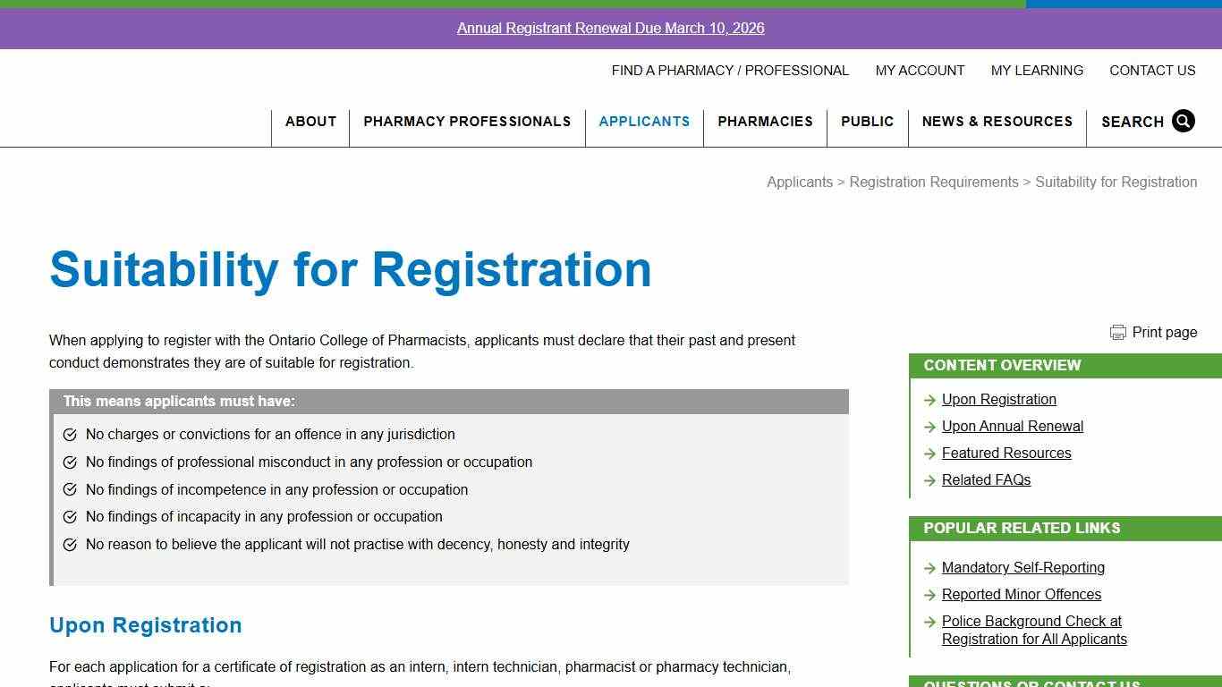 Suitability for Registration – OCP website
